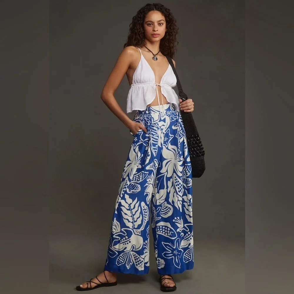 NWT Farm Rio x Anthropologie Tropical Satin Wide-Leg Pants - Picture 1 of 4